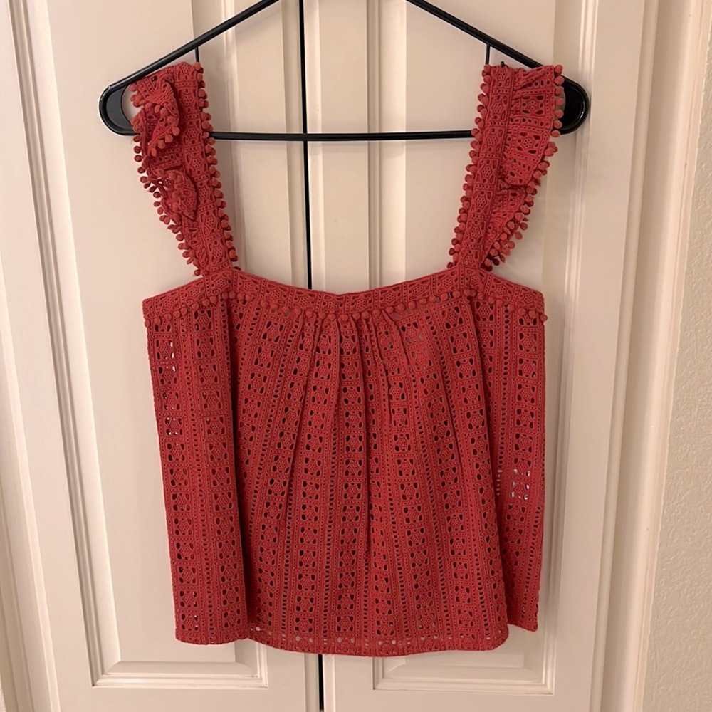 Sezane orange knit flutter sleeve top, with button detail on back